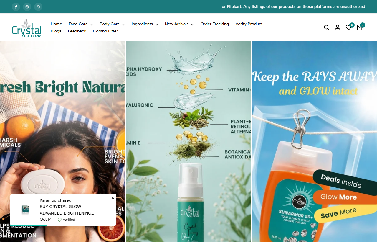 Crystal Glow — Aesthetics, Dermatology & Laser Clinic Live Platform Screenshot